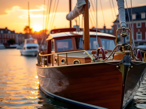Vintage wooden yacht on Portsmouth harbor during golden hour sunset cruise