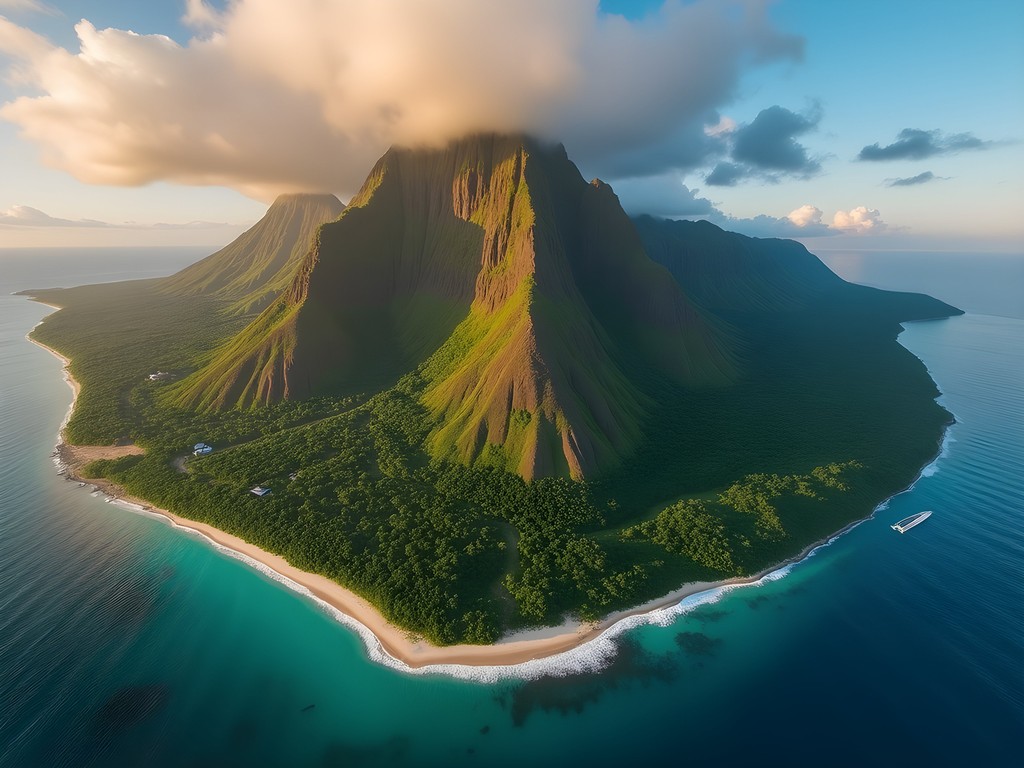 Aerial view of Principe Island's dramatic volcanic peaks and pristine coastline