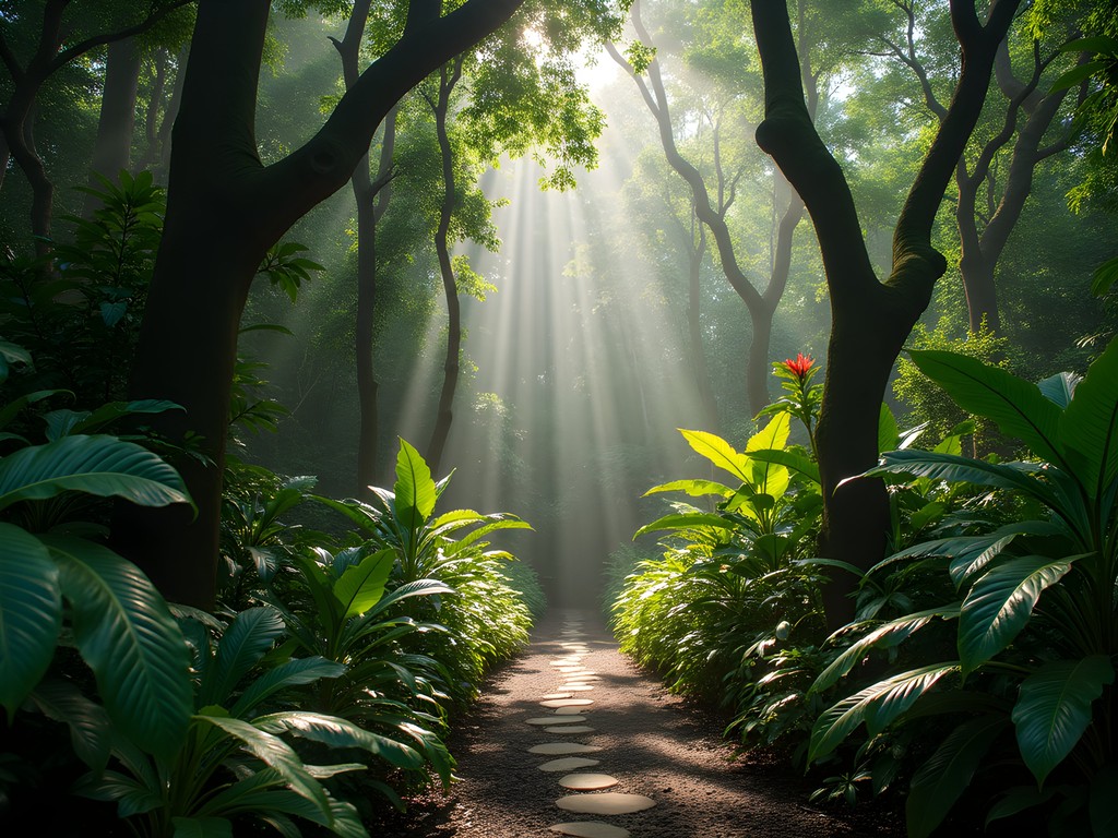 Lush rainforest trail on Principe Island with endemic plant species