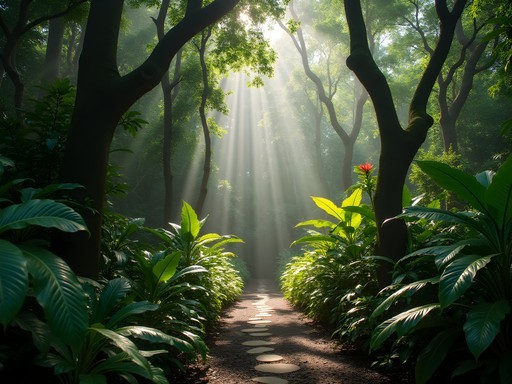 Lush rainforest trail on Principe Island with endemic plant species