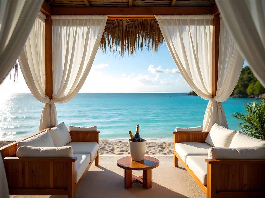 Luxury private beach cabana with white curtains and ocean view in Cabarete