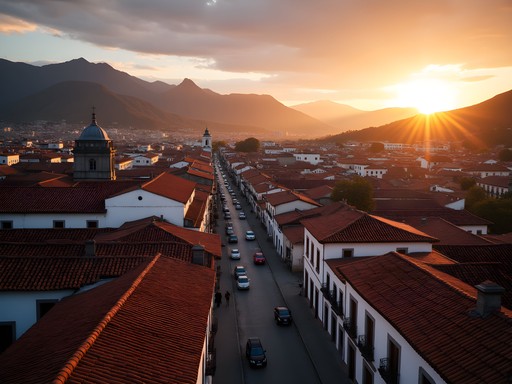 Panoramic sunset view of Quito's historic center from Basílica del Voto Nacional bell tower