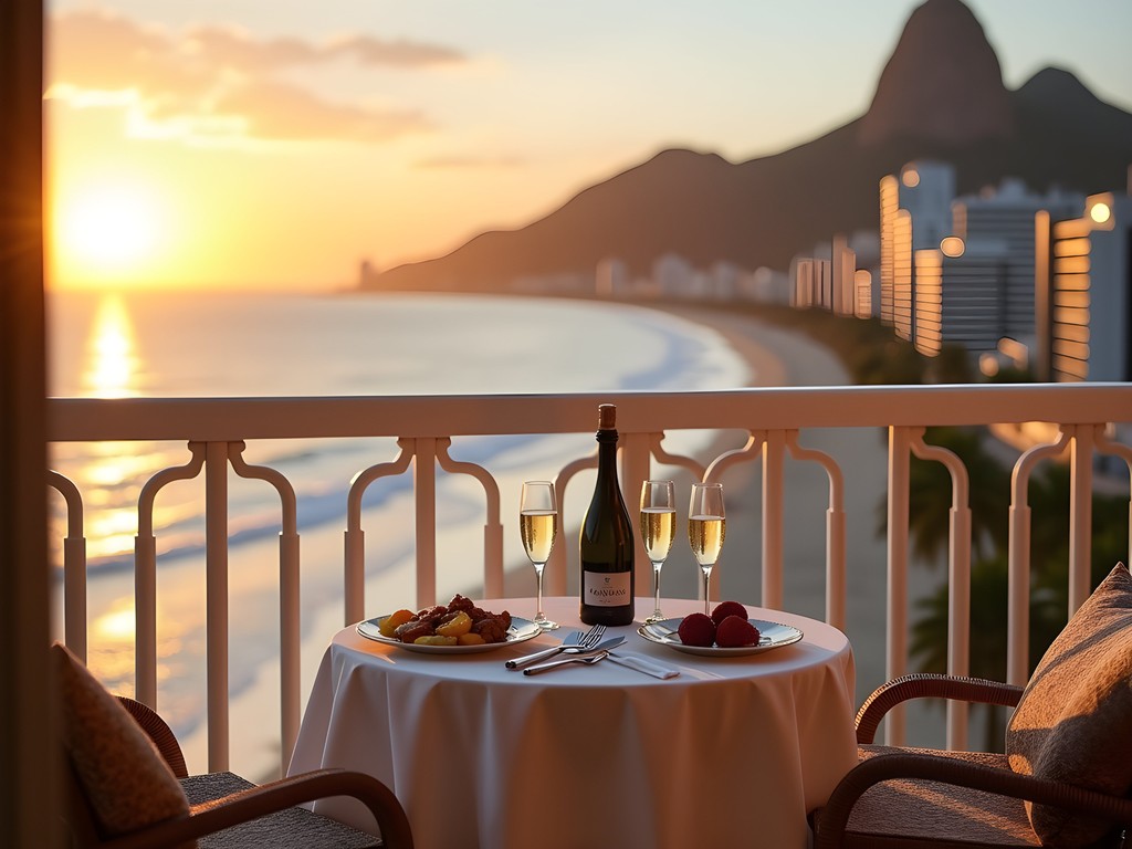 Luxury suite balcony view of Copacabana Beach at sunrise