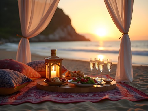 Luxury beach picnic setup on secluded Grumari Beach at sunset