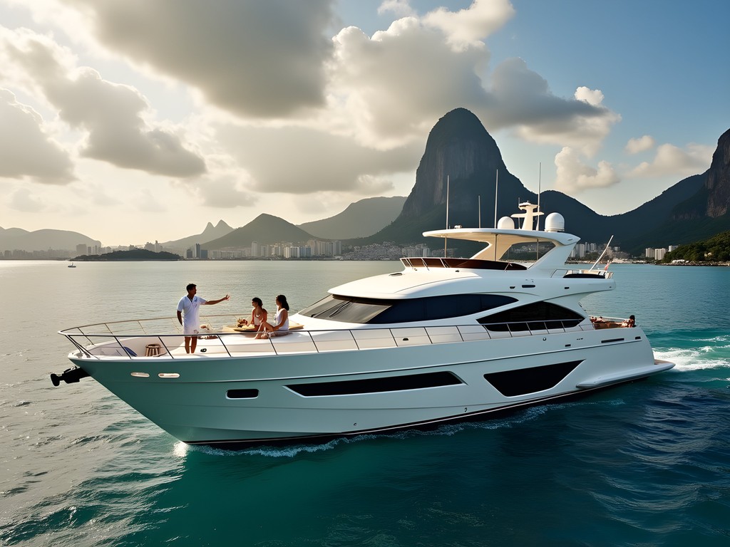 Private luxury yacht cruising in Guanabara Bay with Sugarloaf Mountain view