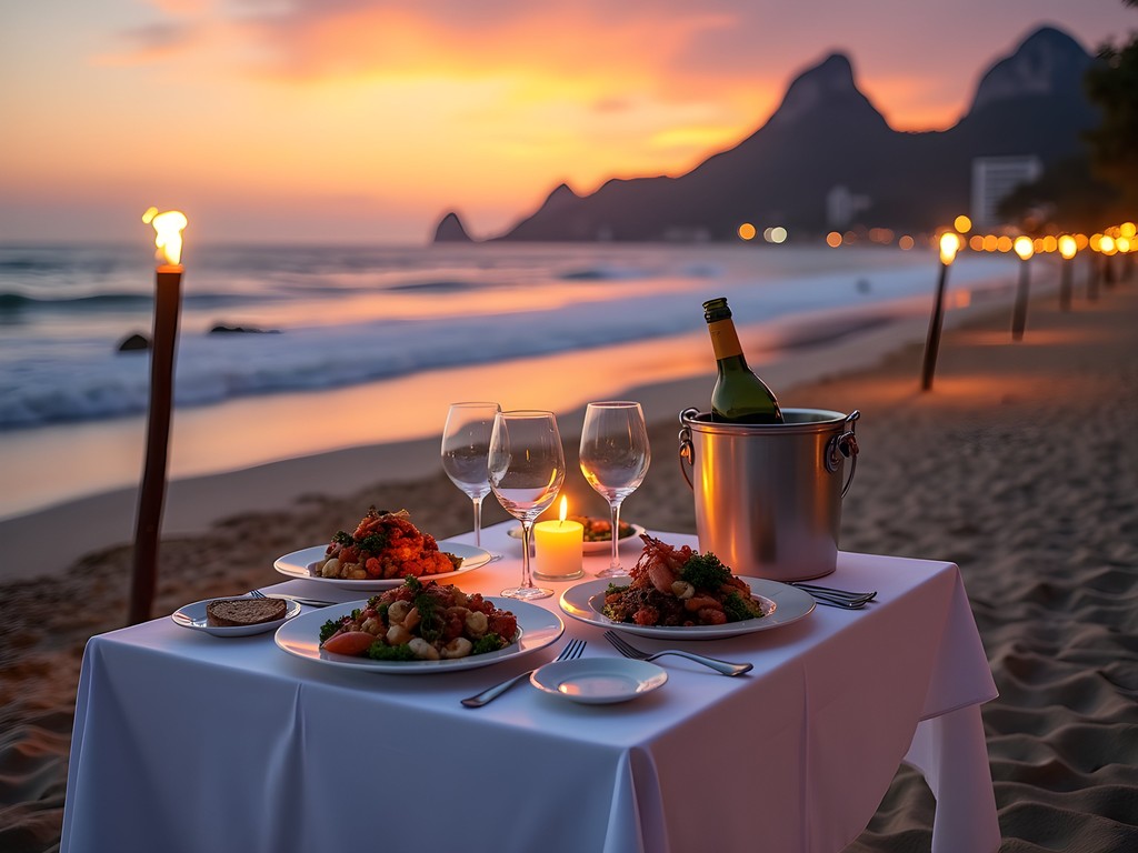 Elegant private dinner setup on Ipanema Beach at sunset with torches, white tablecloth, and ocean view