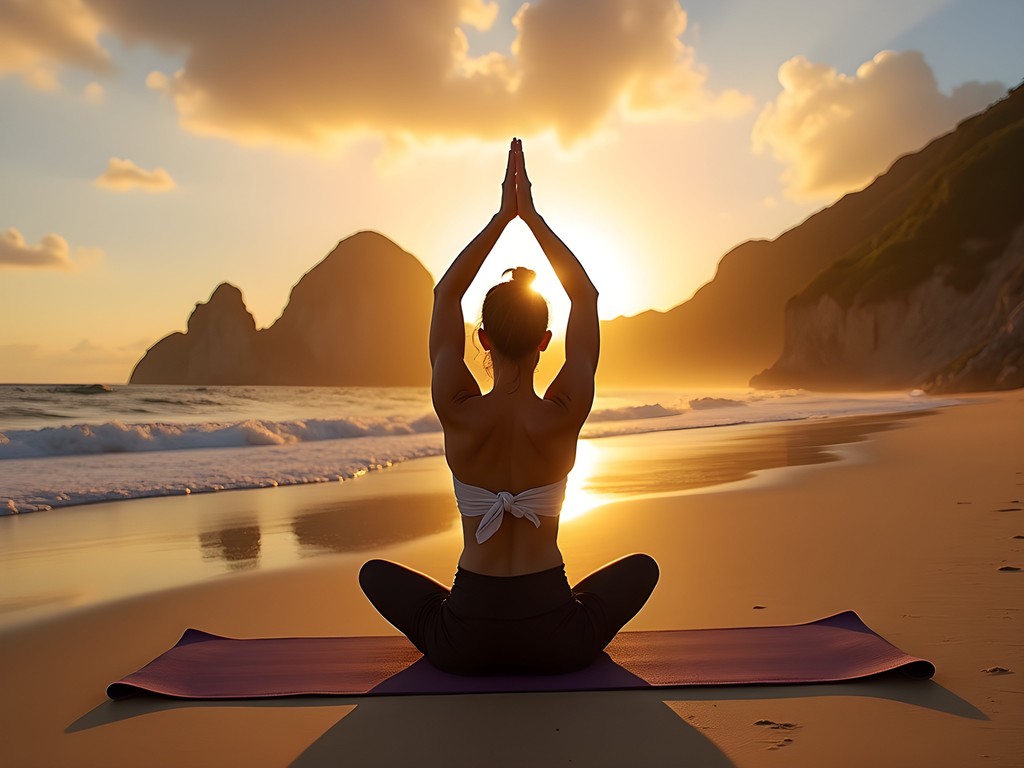 Woman practicing yoga at sunrise on Arpoador Beach in Rio de Janeiro with dramatic coastal rocks and golden light