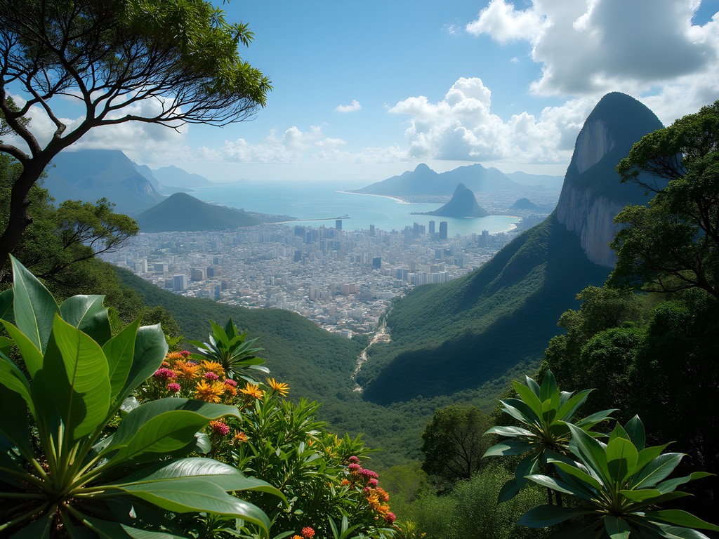 Panoramic view of Rio de Janeiro from an exclusive viewpoint in Tijuca National Forest with lush rainforest vegetation in foreground