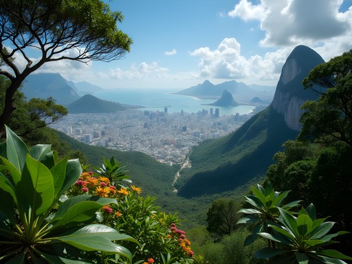 Panoramic view of Rio de Janeiro from an exclusive viewpoint in Tijuca National Forest with lush rainforest vegetation in foreground