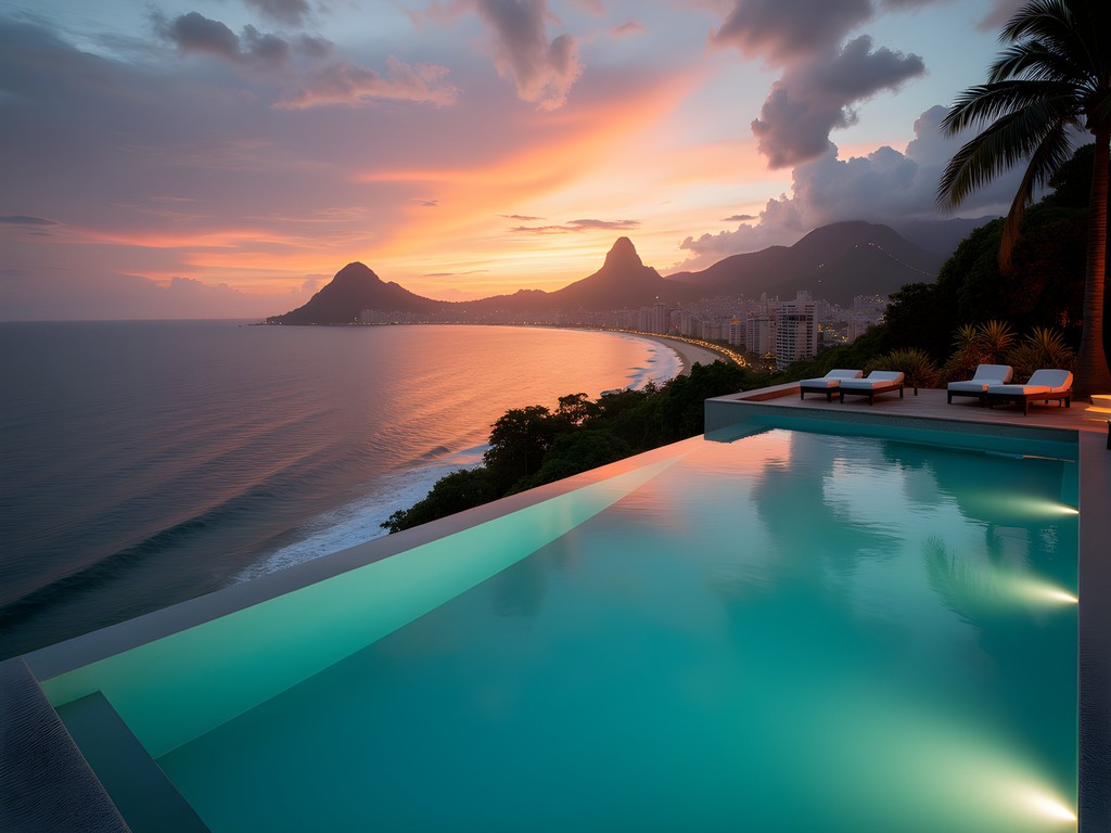 Luxury infinity pool at Emiliano Rio hotel rooftop overlooking Copacabana Beach at sunset