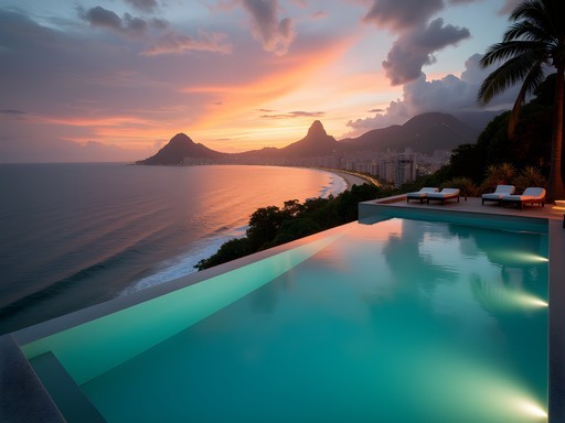 Luxury infinity pool at Emiliano Rio hotel rooftop overlooking Copacabana Beach at sunset