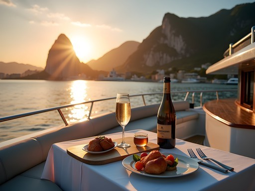 Luxury yacht anchored near Sugarloaf Mountain in Rio de Janeiro at sunset with champagne setup