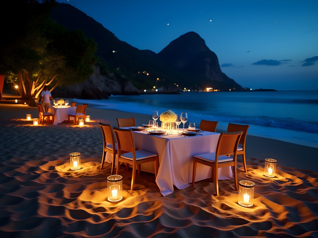 Exclusive private dinner setup on secluded Rio beach with candlelight, white tablecloth, and ocean view at night
