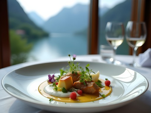 Elegant Bavarian fine dining experience with artistic food presentation and mountain view
