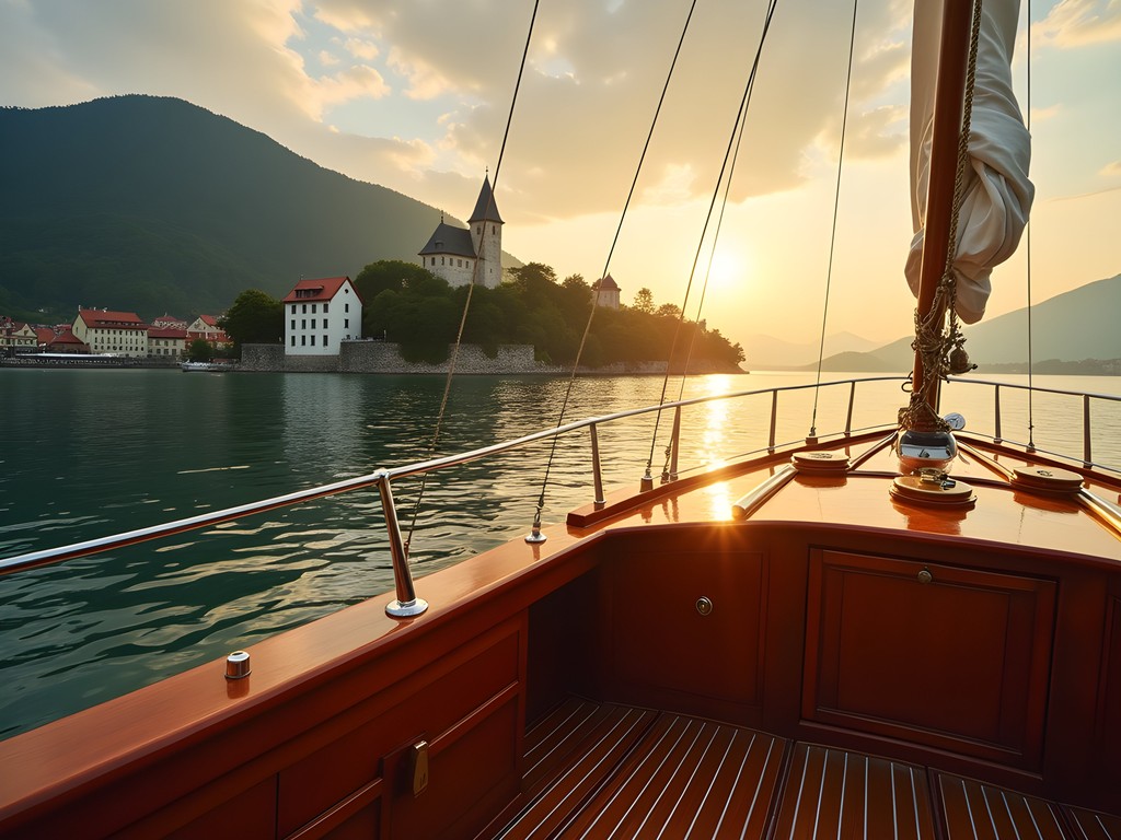 Vintage wooden yacht on Lake Constance with medieval Meersburg town and castle in background