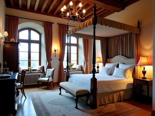 Luxury suite in Bavarian castle hotel with four-poster bed and panoramic countryside views
