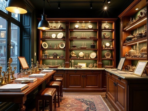Fatima Stephens exploring a high-end vintage store in Rotterdam examining nautical collectibles