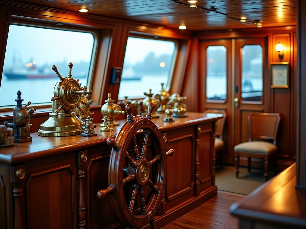 Ship captain Fatima Stephens examining vintage navigation equipment on the SS Rotterdam's bridge