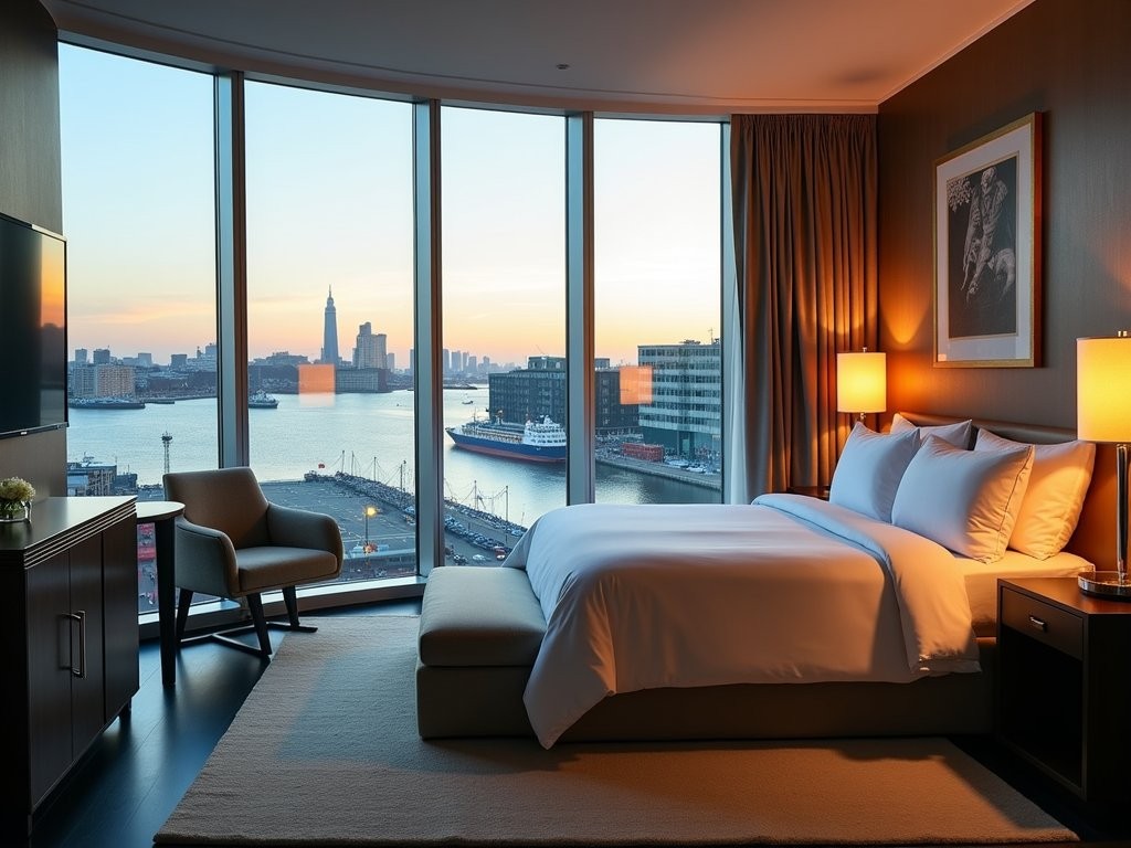 Luxurious hotel suite in Rotterdam with panoramic harbor views showing ships and modern architecture