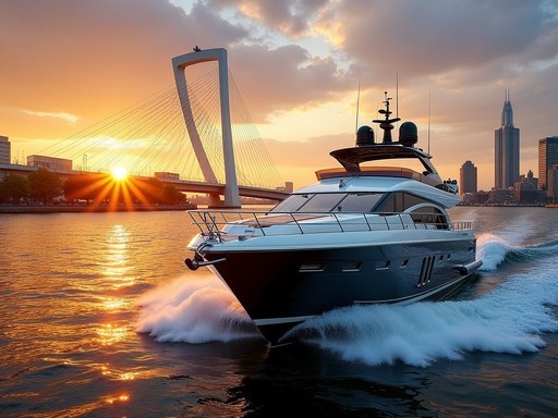 Luxury yacht sailing under Rotterdam's illuminated Erasmus Bridge at sunset