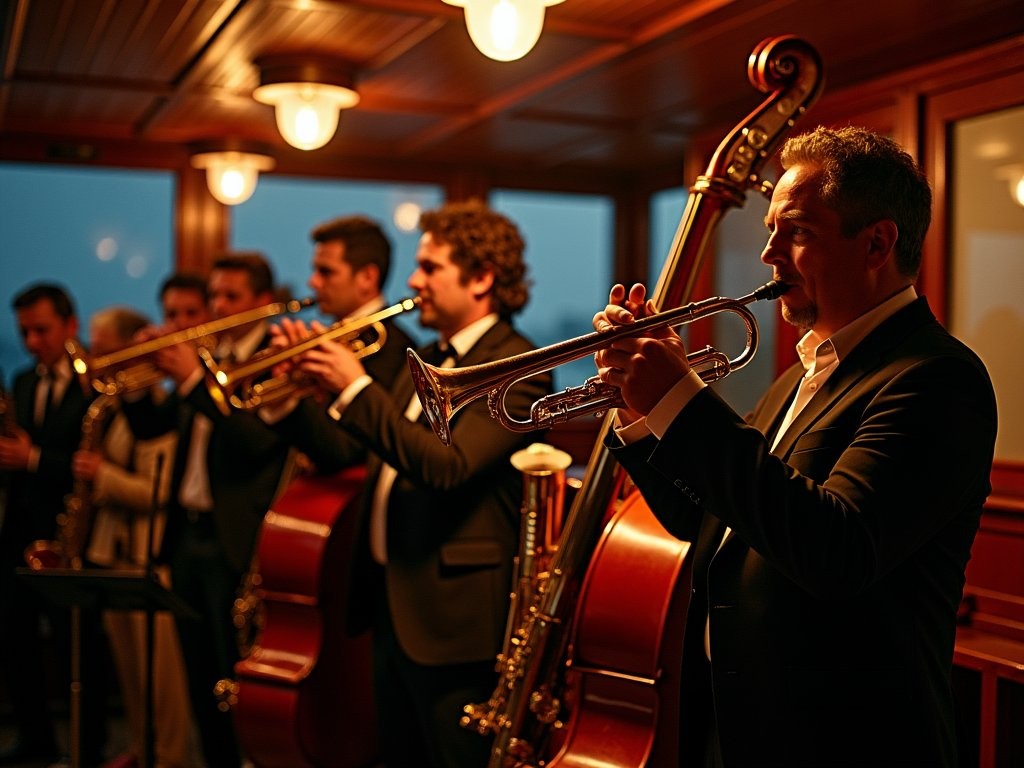 Elegant jazz performance aboard historic vessel in Rotterdam with sophisticated lighting and intimate atmosphere