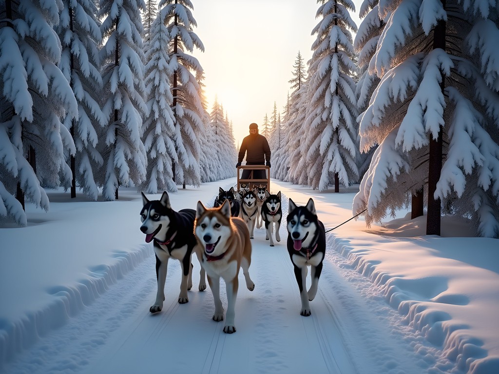 Man driving husky sled through snowy forest in Rovaniemi, Finland
