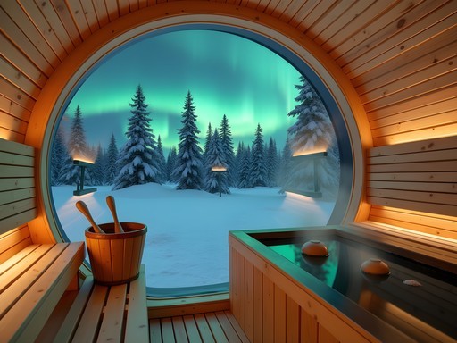Traditional Finnish sauna with glass ceiling showing Northern Lights in Rovaniemi