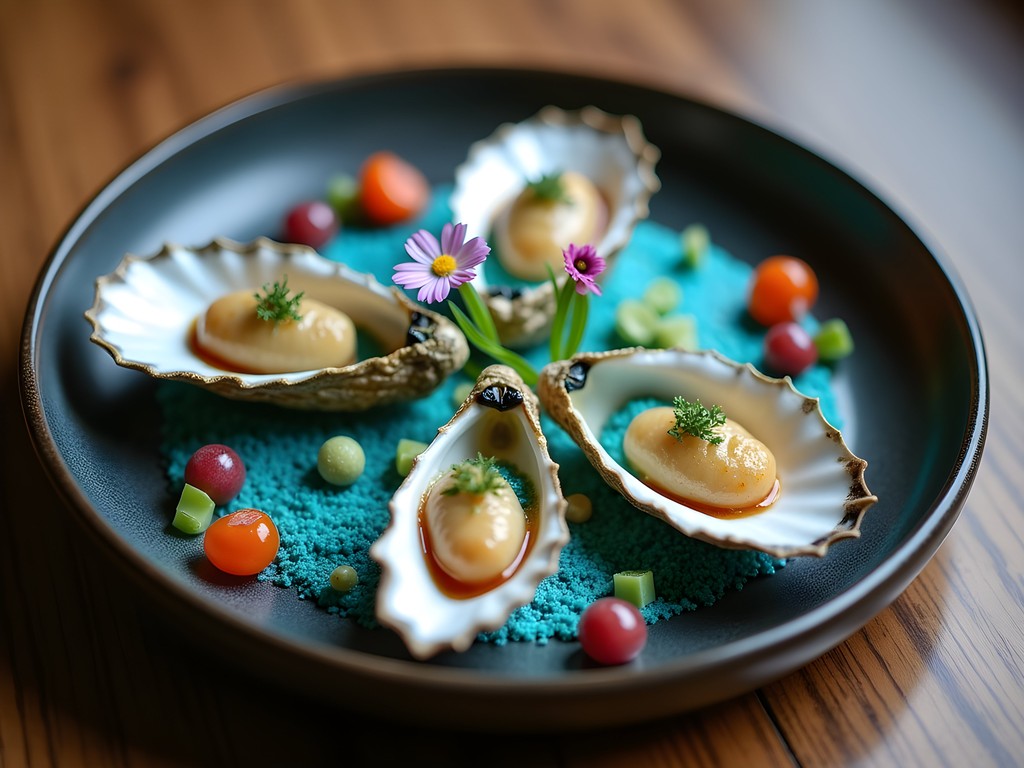 Artistic plated dish at Mixtli restaurant representing Neptune with blue spirulina foam