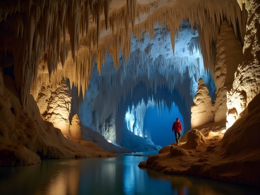Illuminated limestone formations in Natural Bridge Caverns during exclusive tour