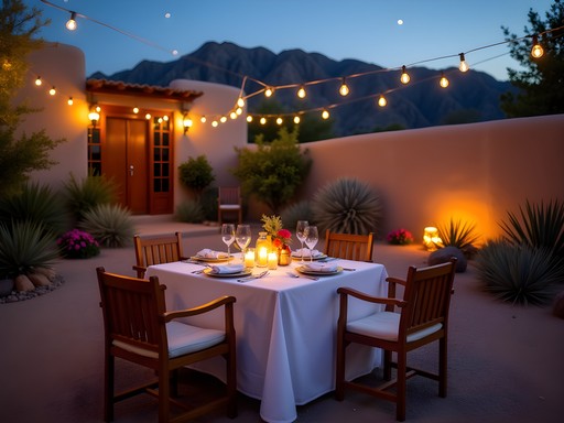 Romantic private dinner setup in adobe-walled garden with candles and desert landscaping