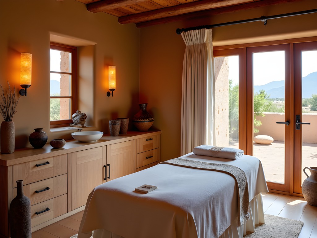 Luxury spa treatment room with adobe walls and traditional Native American elements