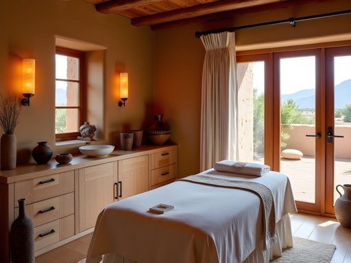 Luxury spa treatment room with adobe walls and traditional Native American elements