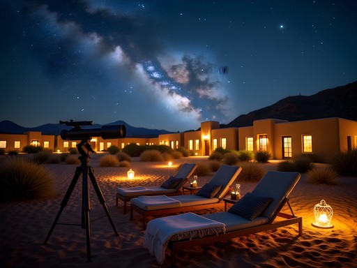 Luxury desert stargazing setup with blankets and telescopes near adobe resort