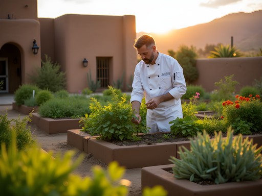 Luxury resort organic garden with chef harvesting ingredients in Santa Fe