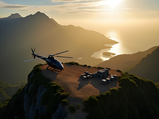 Luxury helicopter landed near ancient indigenous site in Sierra Nevada mountains with Caribbean Sea visible in distance