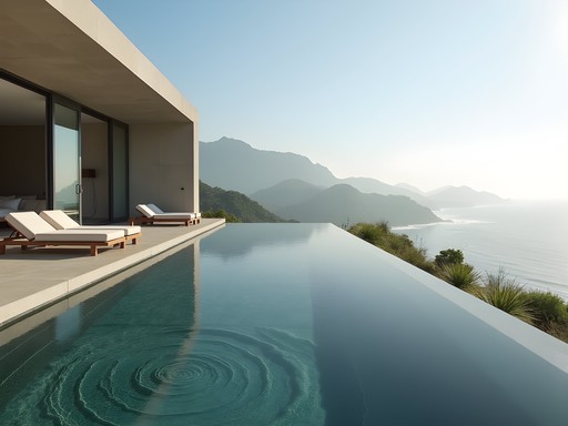 Ultra-luxury wellness center featuring geometrically-designed infinity pool overlooking the Caribbean with Sierra Nevada mountains in background
