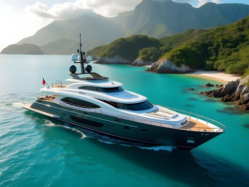 Luxury yacht anchored in private cove with transparent waters and Sierra Nevada mountains in background