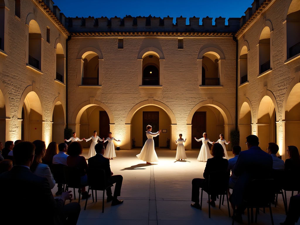 Contemporary dance performance in historic courtyard in Santiago de Compostela