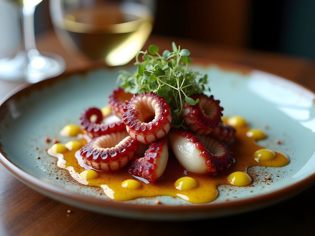 Gourmet Galician octopus dish at luxury restaurant in Santiago