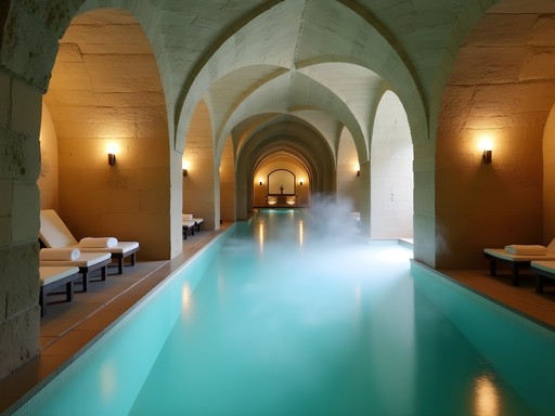 Luxury thermal pool in historic stone spa in Santiago de Compostela