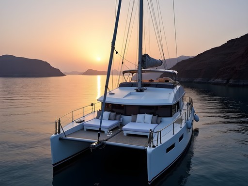 Luxury private catamaran cruise in Santorini caldera at sunset