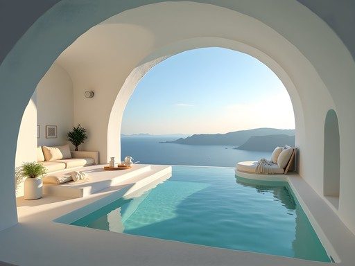 Luxury cave suite with infinity pool overlooking Santorini caldera at sunset