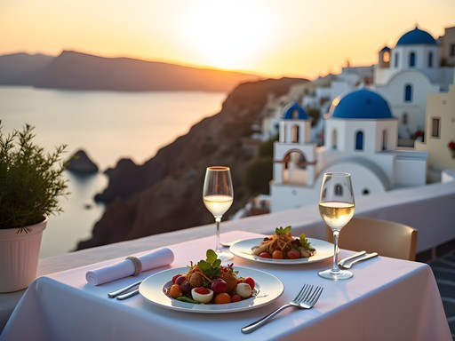 Elegant dinner table setup at luxury Santorini restaurant overlooking caldera at sunset