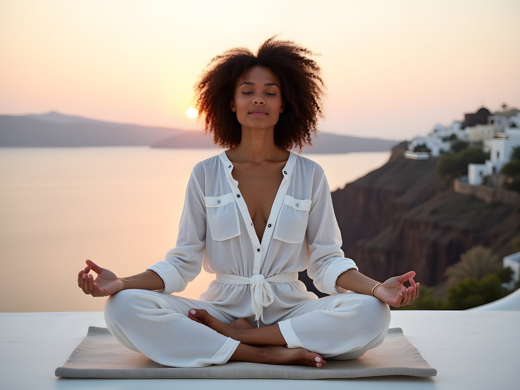 Morning meditation on luxury hotel terrace overlooking Santorini caldera at sunrise