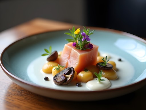 Elegantly plated Finnish fine dining dish featuring foraged mushrooms and spruce tips