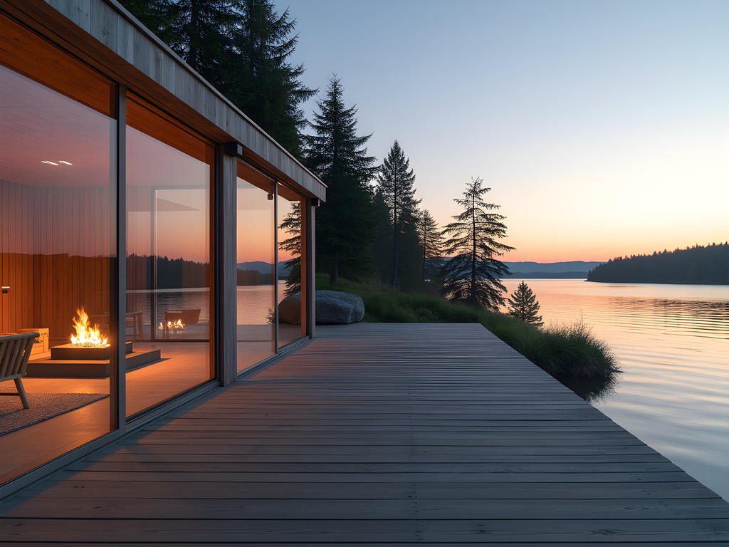 Modern luxury villa with floor-to-ceiling windows overlooking Lake Saimaa at sunset
