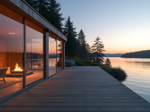Modern luxury villa with floor-to-ceiling windows overlooking Lake Saimaa at sunset