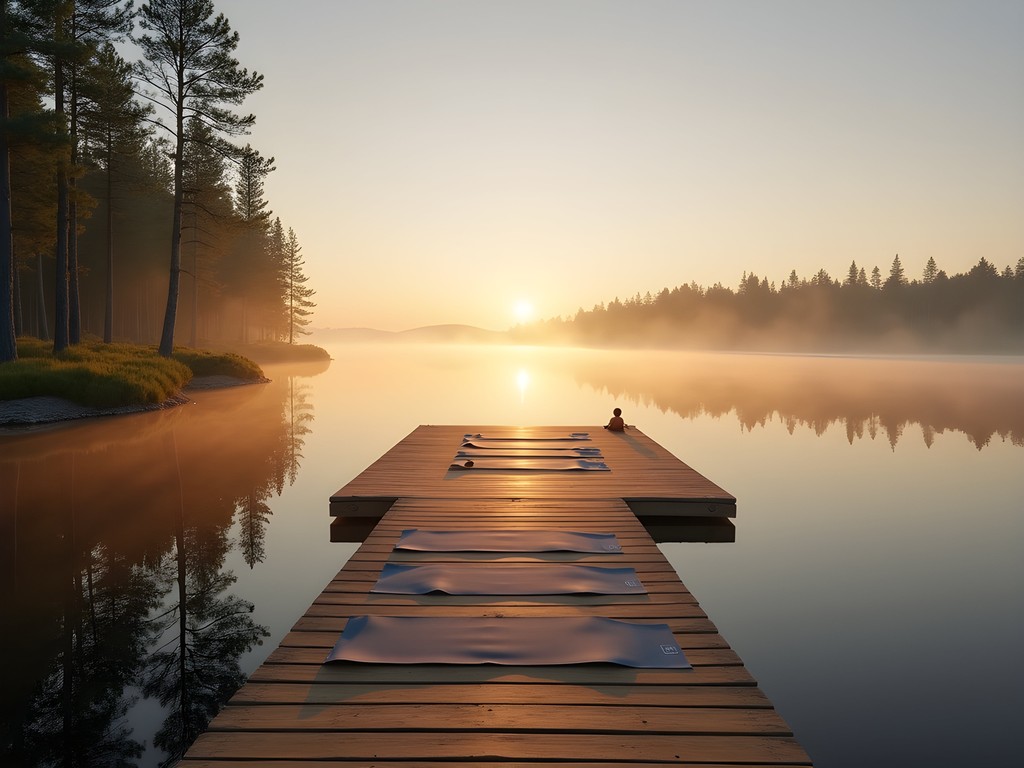 Wooden yoga platform extending over Lake Saimaa during midnight sun with golden light