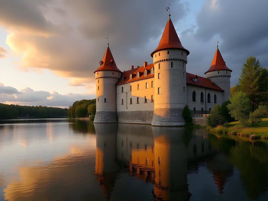 Olavinlinna Castle bathed in golden midnight sun light over Lake Saimaa