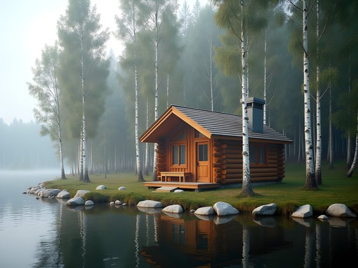 Traditional wooden smoke sauna on private Finnish island surrounded by birch trees